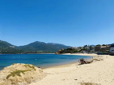 a beach with the ocean and mountains in the background at Coté Plage pied dans l'eau vue mer in Propriano