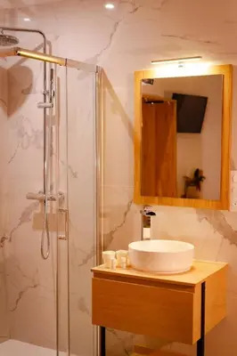 a bathroom with a sink and a shower with a mirror at Hotel U Catagnu in San-Nicolao