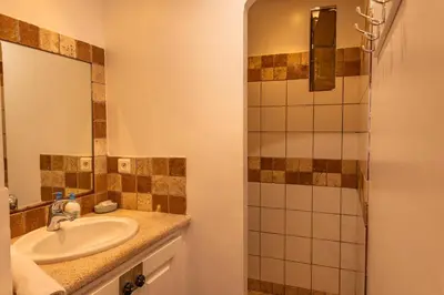 a bathroom with a sink and a shower at Villa Calyaunati Di San Ciprianu in Lecci