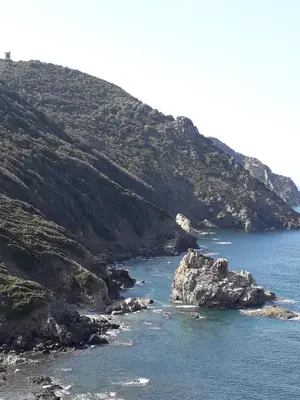 a view of a mountain with the ocean and rocks at CAMPING U SOMMALU in Casaglione
