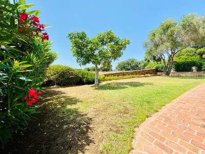 a garden with a brick path and a tree at Résidence Marie Diane - Duplex Coté Mer D in Propriano