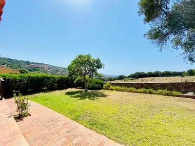 a garden with a tree and a brick sidewalk at Résidence Marie Diane - Duplex Coté Mer E in Propriano