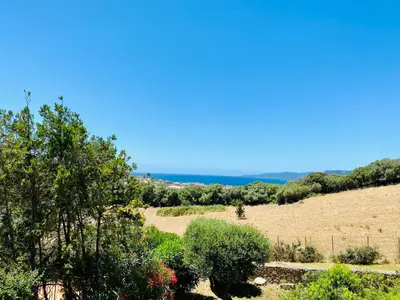 a view of a field with trees and the ocean at Résidence Marie Diane - Laurier des Montagnes in Propriano
