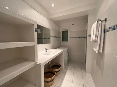 a bathroom with a sink and a washing machine at Résidence Marie Diane - Laurier Rose in Propriano