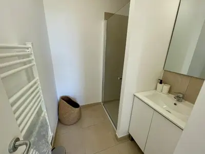 a white bathroom with a shower and a sink at Résidence Marina Di Bravone in Linguizzetta