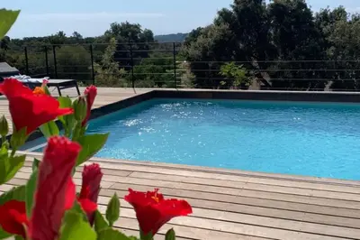 a swimming pool on a wooden deck with red flowers at Villa Le Figuier 6 pers piscine chauffée 2 min plage en voiture in Sainte-Lucie de Porto-Vecchio