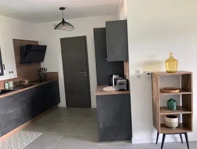 a kitchen with black cabinets and a counter top at CASA STANATURA in Porto-Vecchio