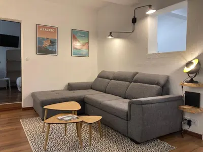 a living room with a couch and a table at Charmant T2 au coeur de la rue Fesch in Ajaccio