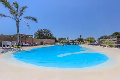 a large pool with blue water and a palm tree at Camping maeva Escapades Colomba in Olmeto
