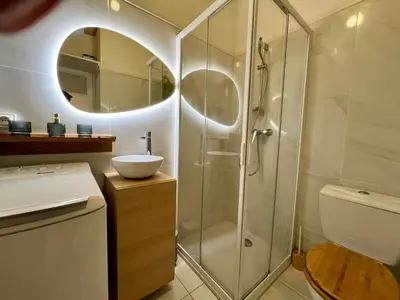 a bathroom with a shower and a toilet and a sink at Joli studio maisonnette à 100m de la plage in Porticcio