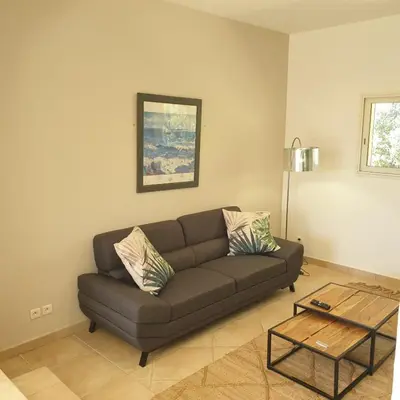 a living room with a couch and a coffee table at Villa Ribba 10 pers piscine 5 min plage en voiture in Porto-Vecchio