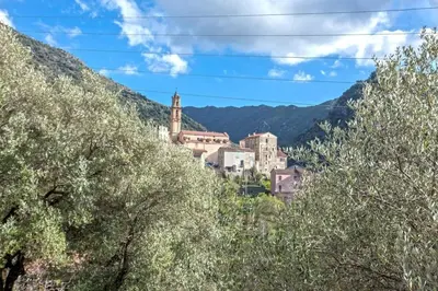 a town in the mountains with trees in the foreground at Casa Torra in Omessa