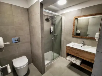 a bathroom with a shower and a toilet and a sink at Ustaria in Peri