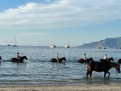 a group of people riding horses in the water at gite au paradis, parc animalier in Olmeta-di-Tuda