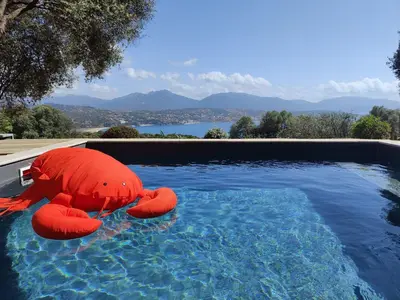 a red stuffed animal is sitting in a swimming pool at Résidence Licciola in Propriano
