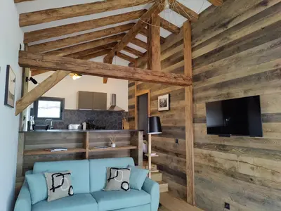 a living room with wooden walls and a blue couch at Résidence Licciola in Propriano
