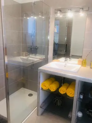 a bathroom with a sink and a shower at Mini-villa mitoyenne de type F2 proche Golfe de Lava in Appietto