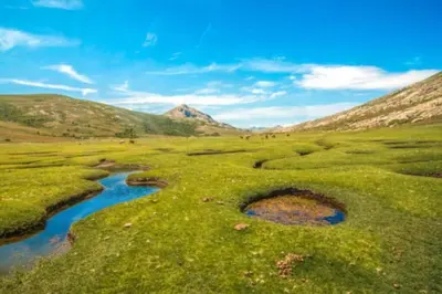 a field with a river and mountains in the background at Magnifique Grand 30m2 refait à neuf en 2025 lumineux 4 couchages hyper centre Corte 13 cours paoli wifi tv lave linge in Corte