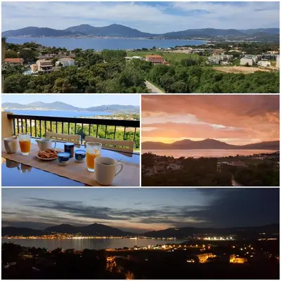 a collage of photos with a sunset and a table with drinks at Porticcio - Casa Corsa in Porticcio