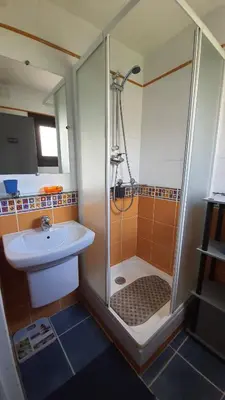 a small bathroom with a shower and a sink at Porticcio - Casa Corsa in Porticcio
