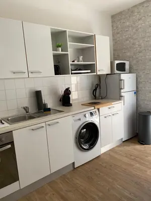 a white kitchen with a washing machine in it at BERNARDINI Emplacement exceptionnel in Sari Solenzara