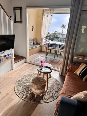 a living room with a couch and a table at Corse Appartement vue mer - Linguizzetta - Marine de Bravone in Linguizzetta