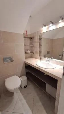 a bathroom with a sink and a toilet and a mirror at Très belle villa piscine jacuzzi grande propriété 10 pers in Belgodère
