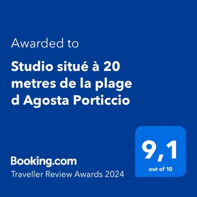 a screenshot of a phone screen with the text awarded to studio strike a metres at Studio situé à 20 metres de la plage d Agosta Porticcio in Albitreccia