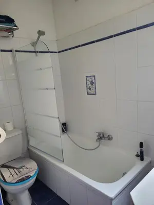 a bathroom with a toilet and a tub with a shower at Studio situé à 20 metres de la plage d Agosta Porticcio in Albitreccia