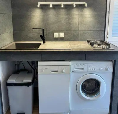 a kitchen with a sink and a washing machine at Domaine Mare e Monti - T1 Le Maquis in Albitreccia