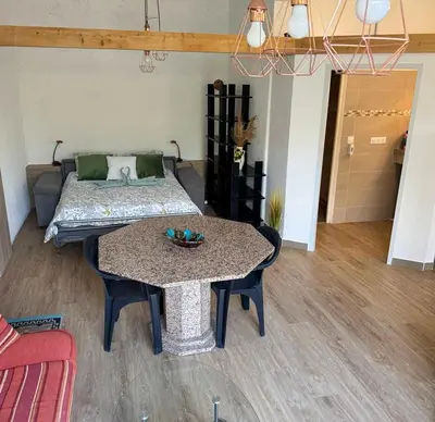 a living room with a table and a bed at Domaine Mare e Monti - T1 Le Maquis in Albitreccia