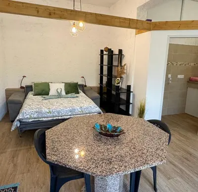 a living room with a bed and a table at Domaine Mare e Monti - T1 Le Maquis in Albitreccia