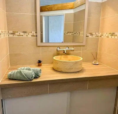 a bathroom counter with a sink and a mirror at Domaine Mare e Monti - T1 Le Maquis in Albitreccia