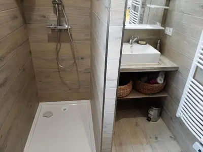 a bathroom with a shower and a sink at Villa_Culomba ALATA -T2 4 couchages in Alata