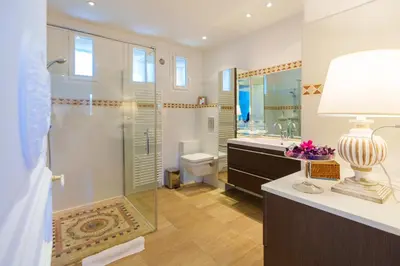 a bathroom with a shower and a toilet and a sink at Villa Roma in Prunelli-di-Fiumorbo