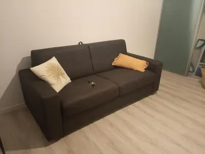 a brown couch in a living room with two pillows at Magnifique Studio bord de mer numéro 88 in Santa-Lucia-di-Moriani