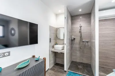 a bathroom with a walk in shower and a sink at Les Jardins de la Palmeraie - Sublime vue sur la baie dAjaccio in Porticcio