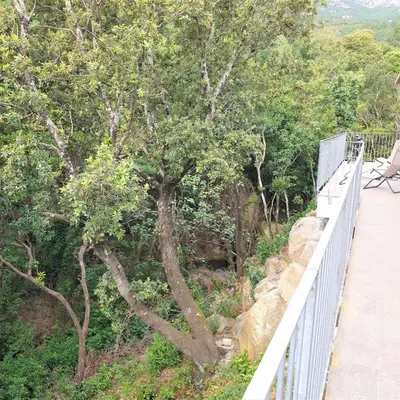 a bridge with a tree on the side of a hill at Villa Leku Lucia 8 pers piscine chauffée 15 min plage en voiture in Sainte-Lucie de Porto-Vecchio
