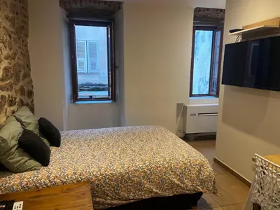 a bedroom with a bed and a tv and two windows at Charmant studio au cœur de la rue Fesch d'Ajaccio in Ajaccio