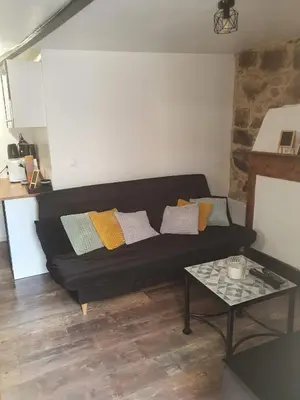 a black couch in a living room with a table at Charmant petit studio proche départ GR20 in Calenzana