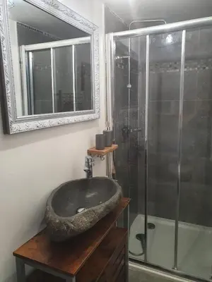 a bathroom with a stone sink and a shower at Charmant petit studio proche départ GR20 in Calenzana