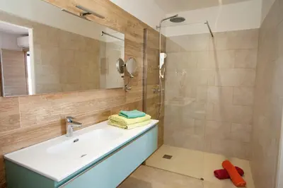 a bathroom with a sink and a shower at Les Villas de la Résidence U Veniqui in Favone