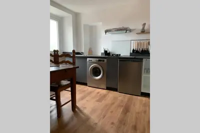 a kitchen with a washing machine and a table at chez LULU appartement neuf au coeur de cozzano in Cozzano