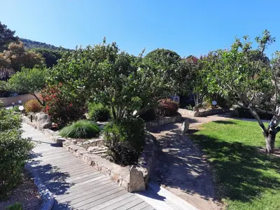 a garden with trees and bushes and a walkway at Les Jardins De Santa Giulia - Charmante chambre dhte in Porto-Vecchio