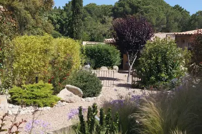 a garden with bushes and flowers and a house at Les Jardins De Santa Giulia - Charmante chambre dhte in Porto-Vecchio