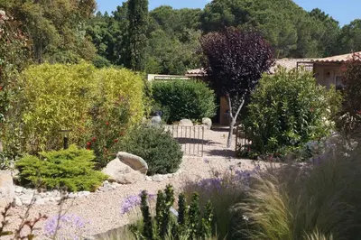 a garden with bushes and trees and a house at Les Jardins De Santa Giulia - Charmante chambre dhte in Porto-Vecchio