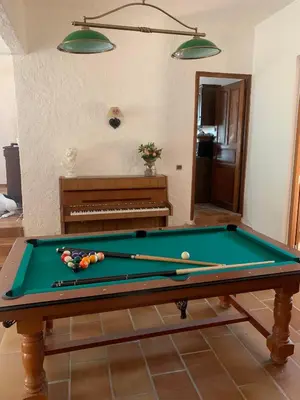 a room with a pool table and a piano at Villa pieds dans l'eau, Casa d'Omigna, Corse du sud, Cargèse, in Cargèse