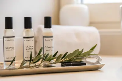 three bottles of essential oils on a tray with a plant at Boutique hôtel Château Rouher in Propriano