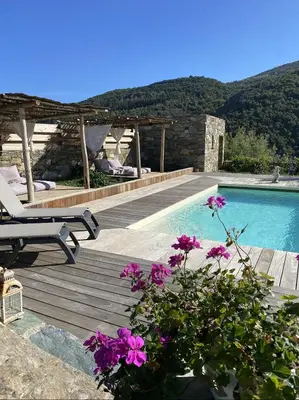 a swimming pool with a deck and purple flowers at Chambres d'hôtes et studios de charme - A Mandria in Murato