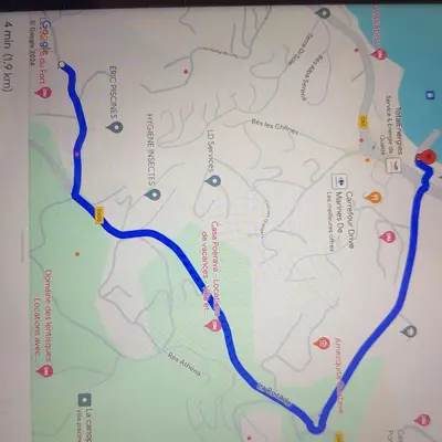 a map with blue and red routes on it at Splendide appartement T3 piscine et vue mer in Grosseto-Prugna